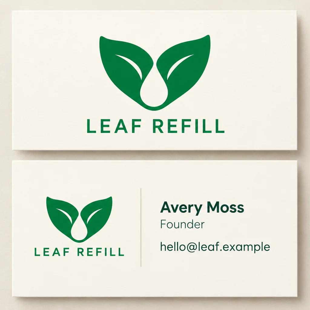 LEAF REFILL two-sided business card with green leaf logo and Avery Moss contact details.