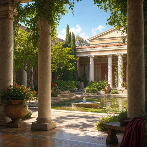 Roman-inspired garden courtyard with stone columns, a shallow pool and bright late-morning sunlight.