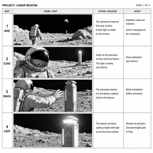 Four storyboard frames show an astronaut discovering a lunar beacon, labeled WIDE, CLOSE, REACH and LIGHT.