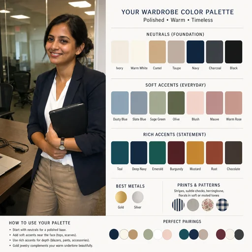 Portrait in a navy blazer beside organized wardrobe color swatches and pairing examples.