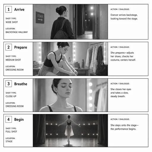 Four-frame dancer preparation storyboard with Arrive, Prepare, Breathe and Begin stages.
