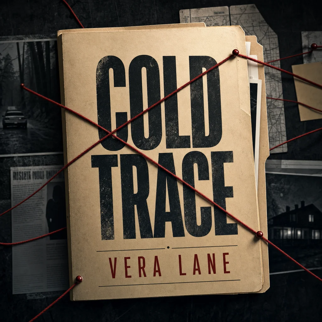 Cold Trace cover by Vera Lane with a folder crossed by red thread and additional background newspaper text.
