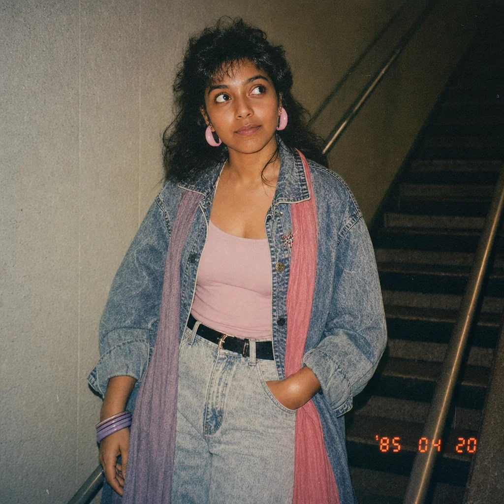 A woman in a denim jacket, pink scarf, and pink hoop earrings in an ’80s snapshot.