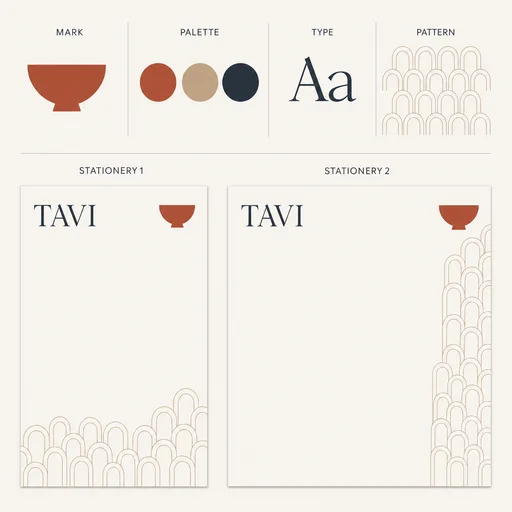 TAVI rust/sand/ink bowl mark, serif Aa and repeating arch motif are present.
