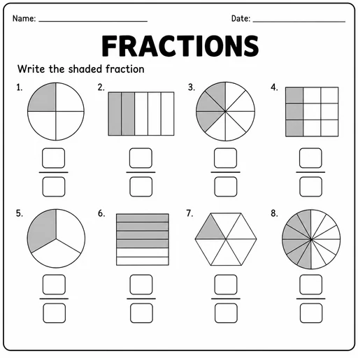 Fractions worksheet with eight shaded shapes and blank fraction boxes.
