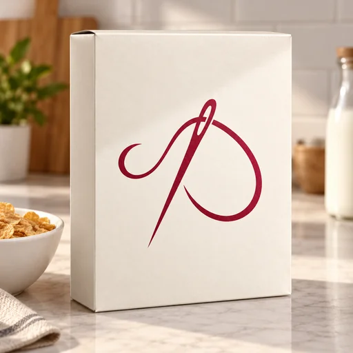 An ivory cereal-box mockup bearing the supplied burgundy needle-and-thread logo.