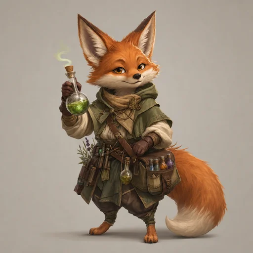 A small red fox-like woodland alchemist carries a satchel and glass potion bottles.