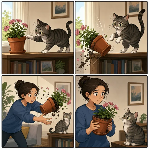 Wordless four-panel comic of a cat tipping a flowerpot and its owner catching it.