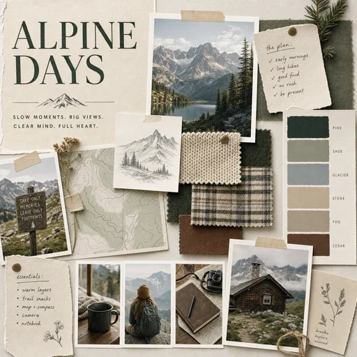 Alpine Days moodboard with mountain lakes, hiking and cozy cabin textures.