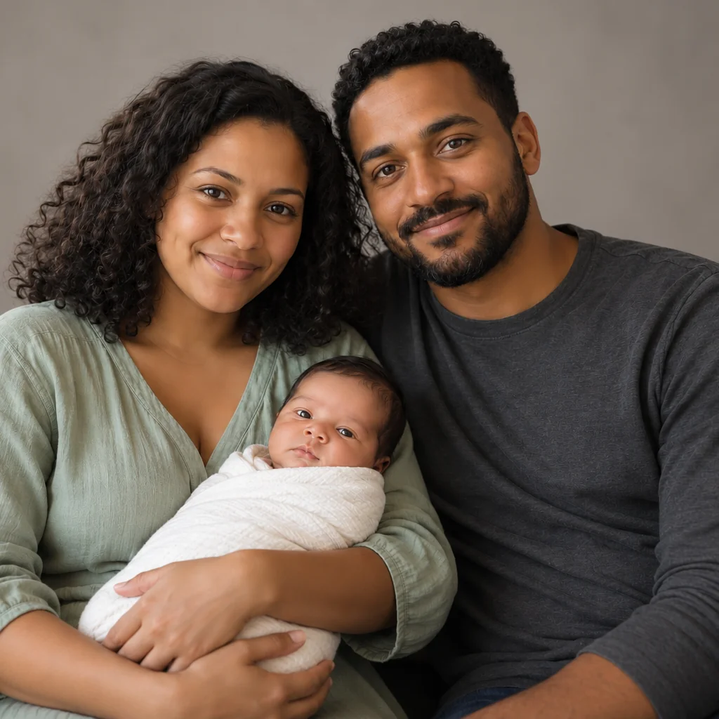 Two parents hold a baby wrapped in white against a softly lit warm-gray studio background.
