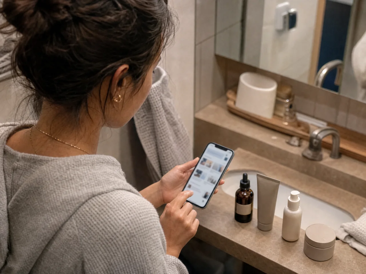 Over‑shoulder view of a person holding a phone at a bathroom counter beside several unlabeled skincare bottles.