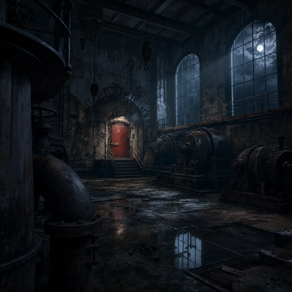 Cold moonlight falls into an abandoned pumping hall with rusted machinery and a red iron door.