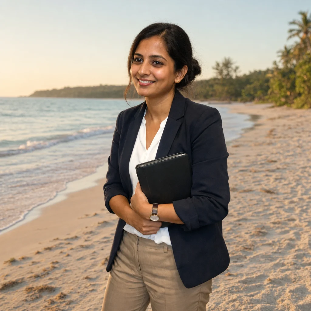 Original blazer-and-portfolio portrait against a tropical beach backdrop.