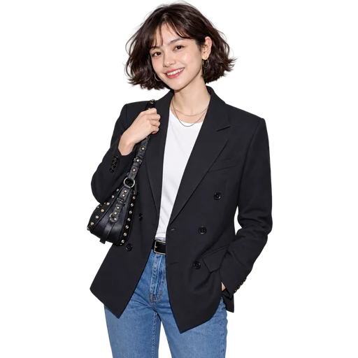 Background-removed smiling portrait in a black blazer and jeans with a studded handbag.