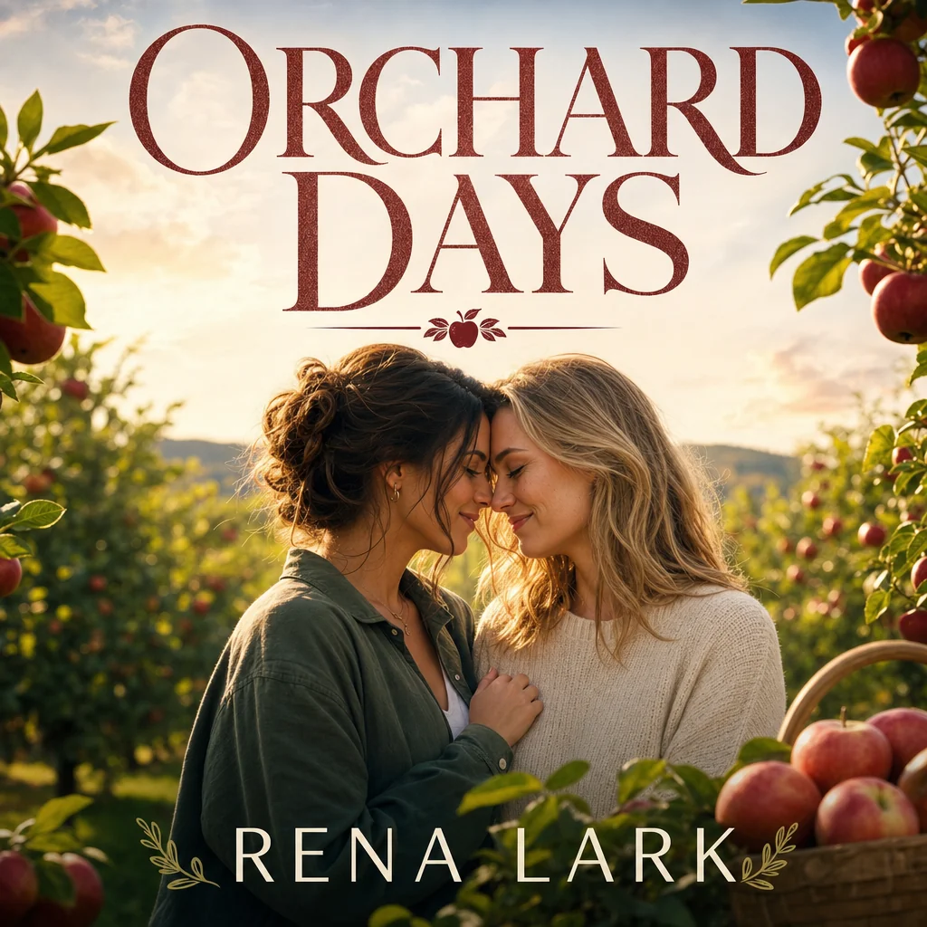 Orchard Days by Rena Lark, a romance cover with two adult women in an apple orchard.