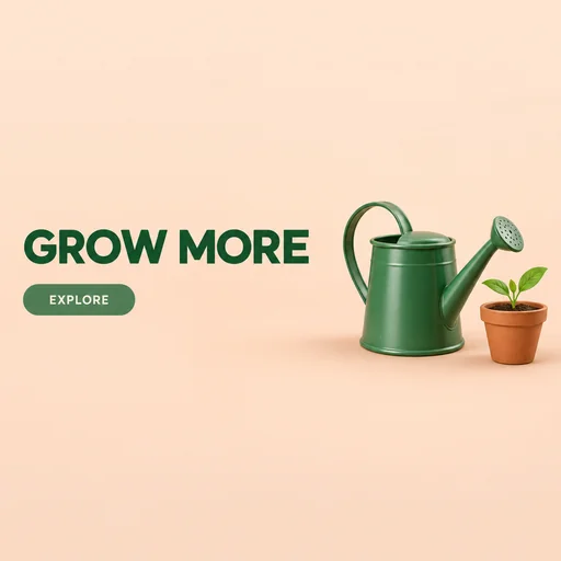 Watering can and potted sprout right of GROW MORE and EXPLORE.