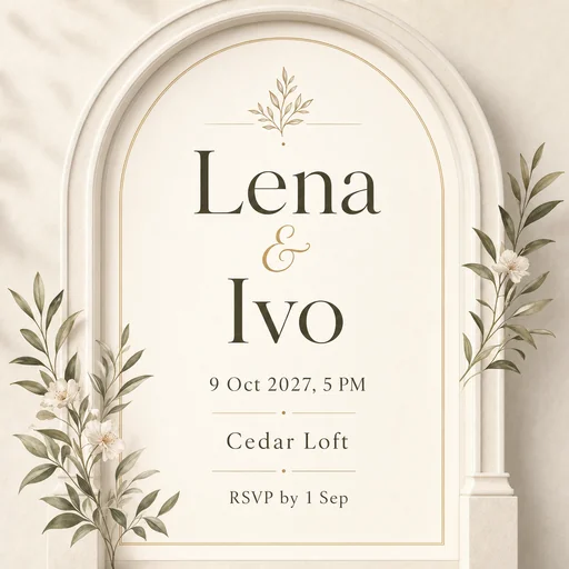 Arch-themed wedding invitation for Lena and Ivo with supplied date, venue and RSVP.