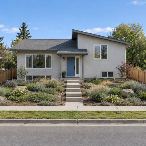 A sloped split-level front garden planted with low groundcover and ornamental grasses around the retained concrete steps.
