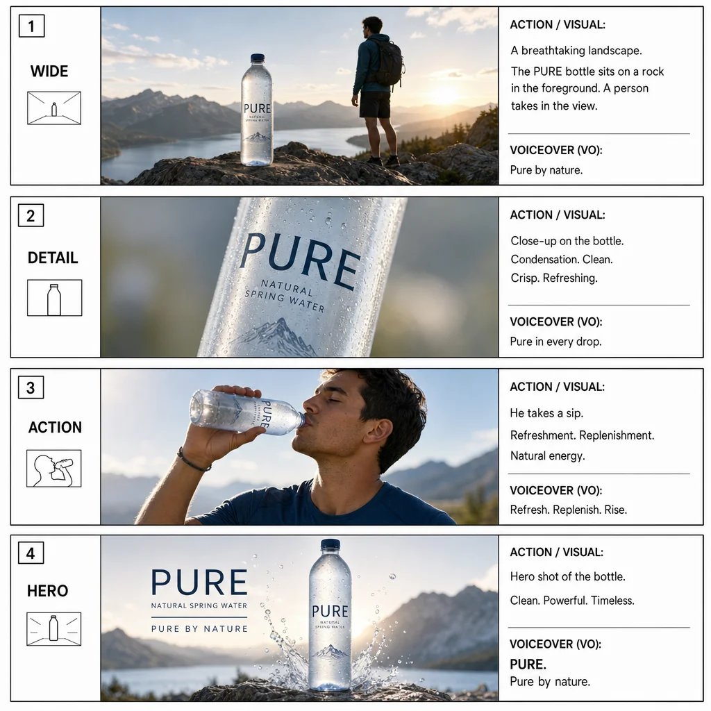 A four-frame bottle advertisement storyboard labeled WIDE, DETAIL, ACTION and HERO.
