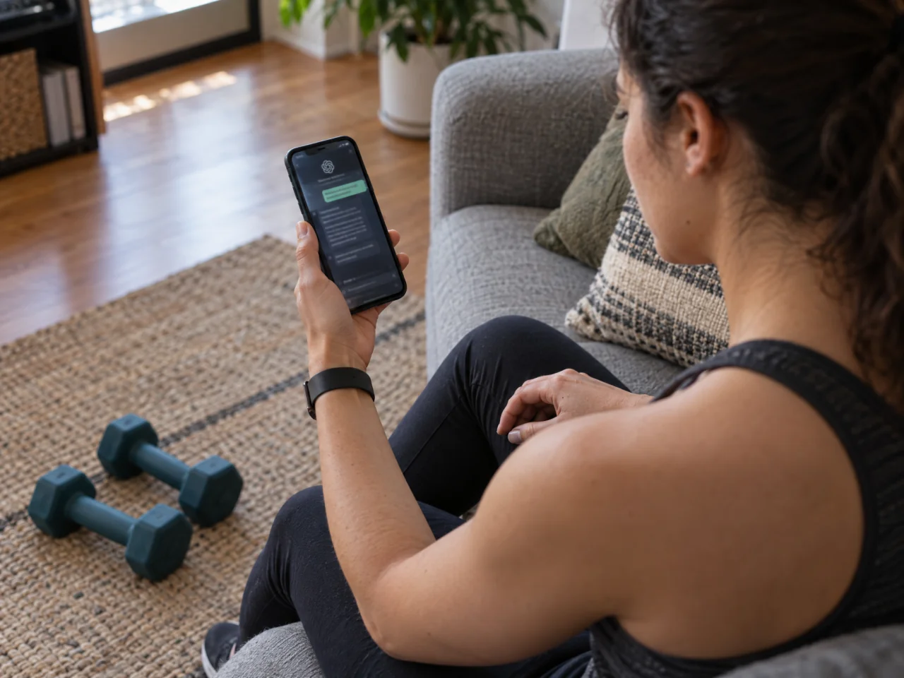 An adult seated on a sofa reads a ChatGPT conversation on their phone, with a pair of small dumbbells on the floor nearby.