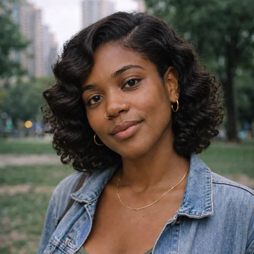 A woman previews shoulder-length vintage waves with a side part, wearing a denim jacket and gold jewelry in a park.