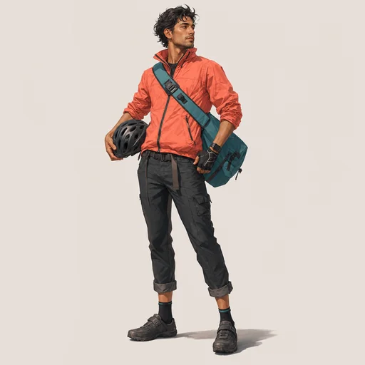 Adult bicycle messenger in coral jacket with teal sling bag and helmet under one arm.