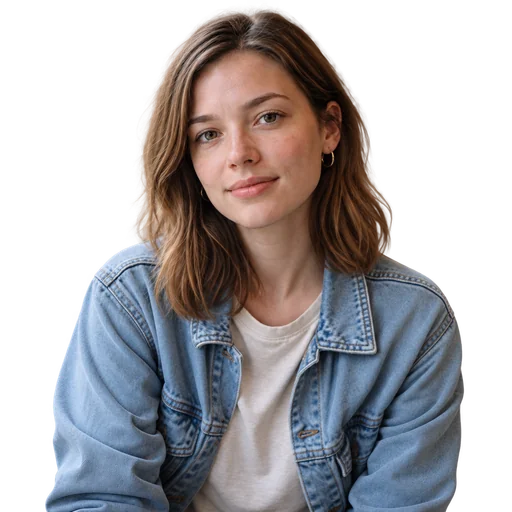 Background-removed portrait in a denim jacket and white top.