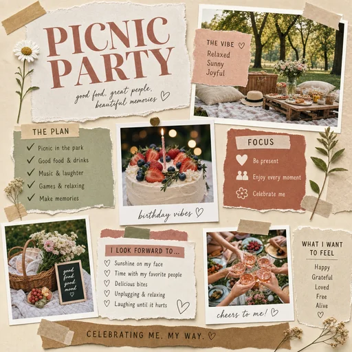 Picnic Party vision board with a park celebration plan and joyful goals.