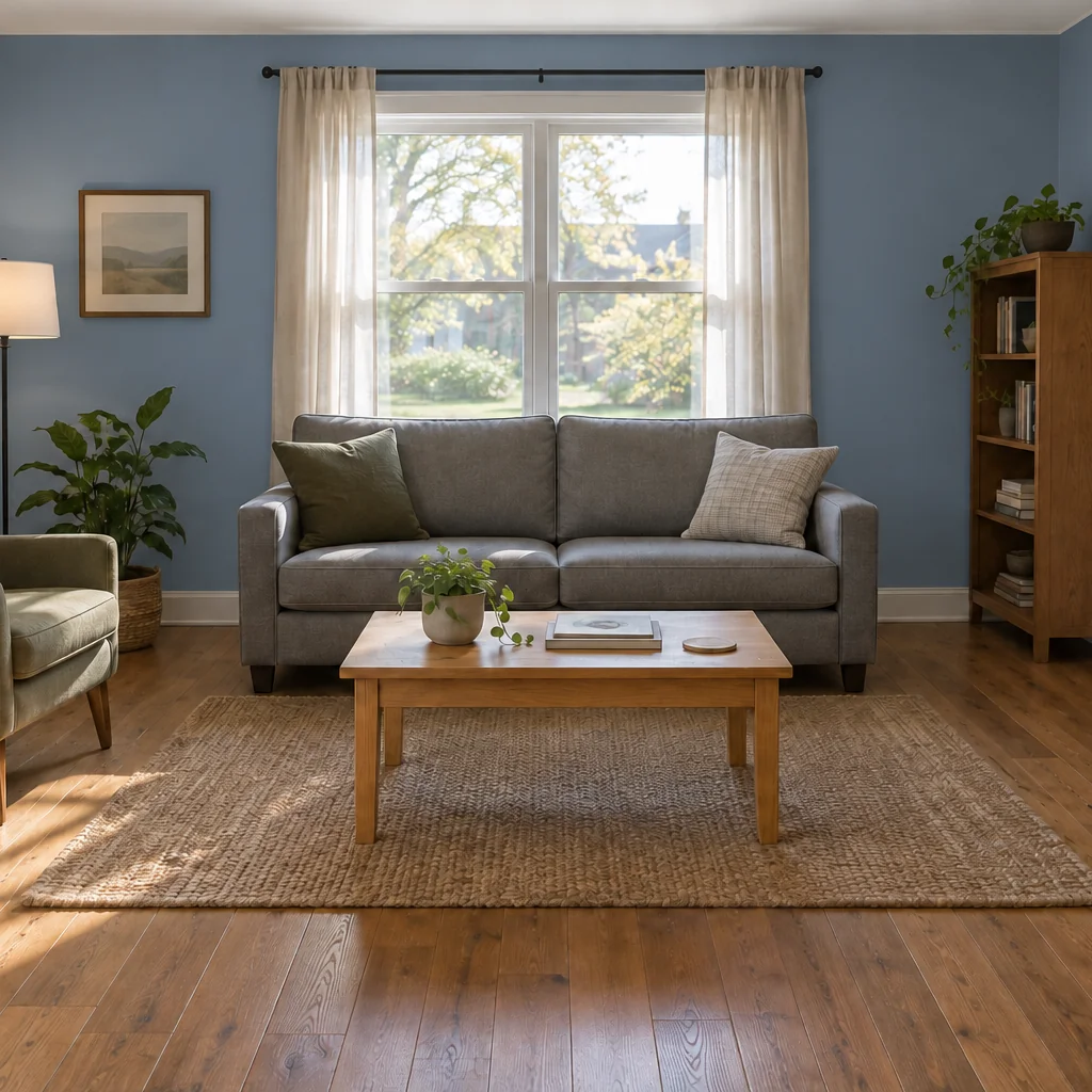 The reference living room with dusty-blue eggshell walls and its existing furnishings.