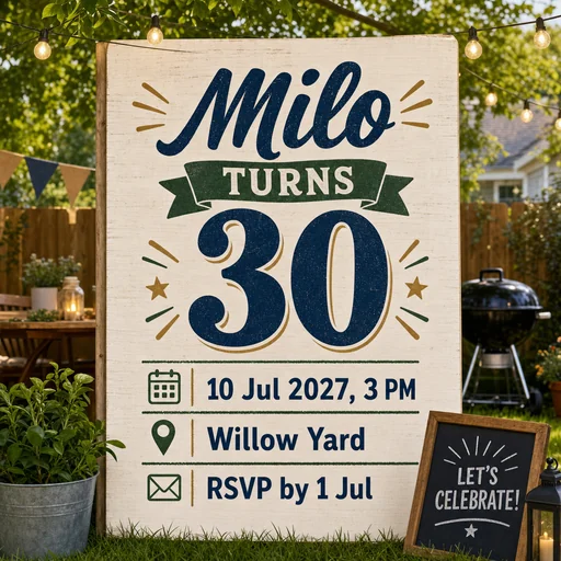 Backyard birthday invitation with supplied Milo details and an unrequested slogan.