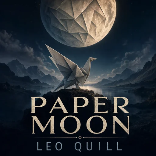 Speculative book cover PAPER MOON by LEO QUILL with origami bird beneath a strange moon.