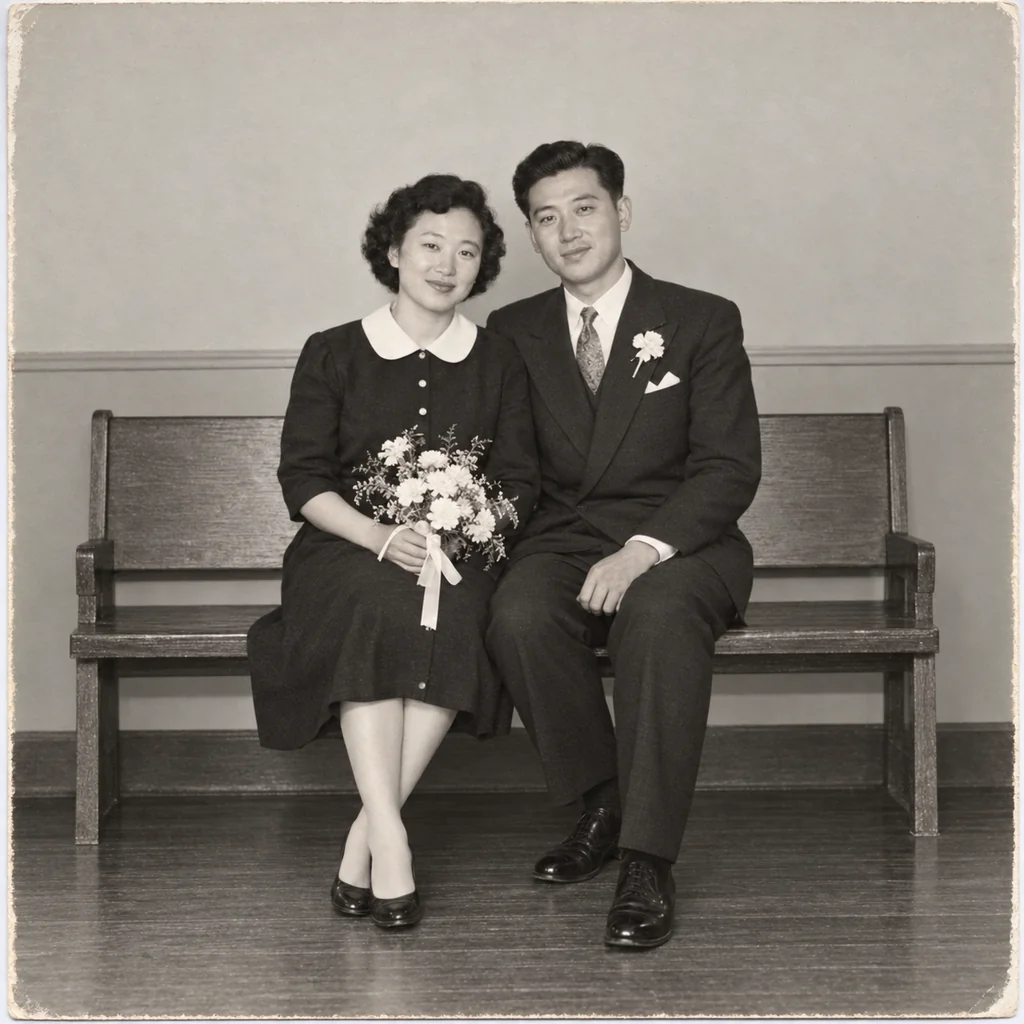 A restored monochrome wedding portrait of a seated couple holding a bouquet on a wooden bench.