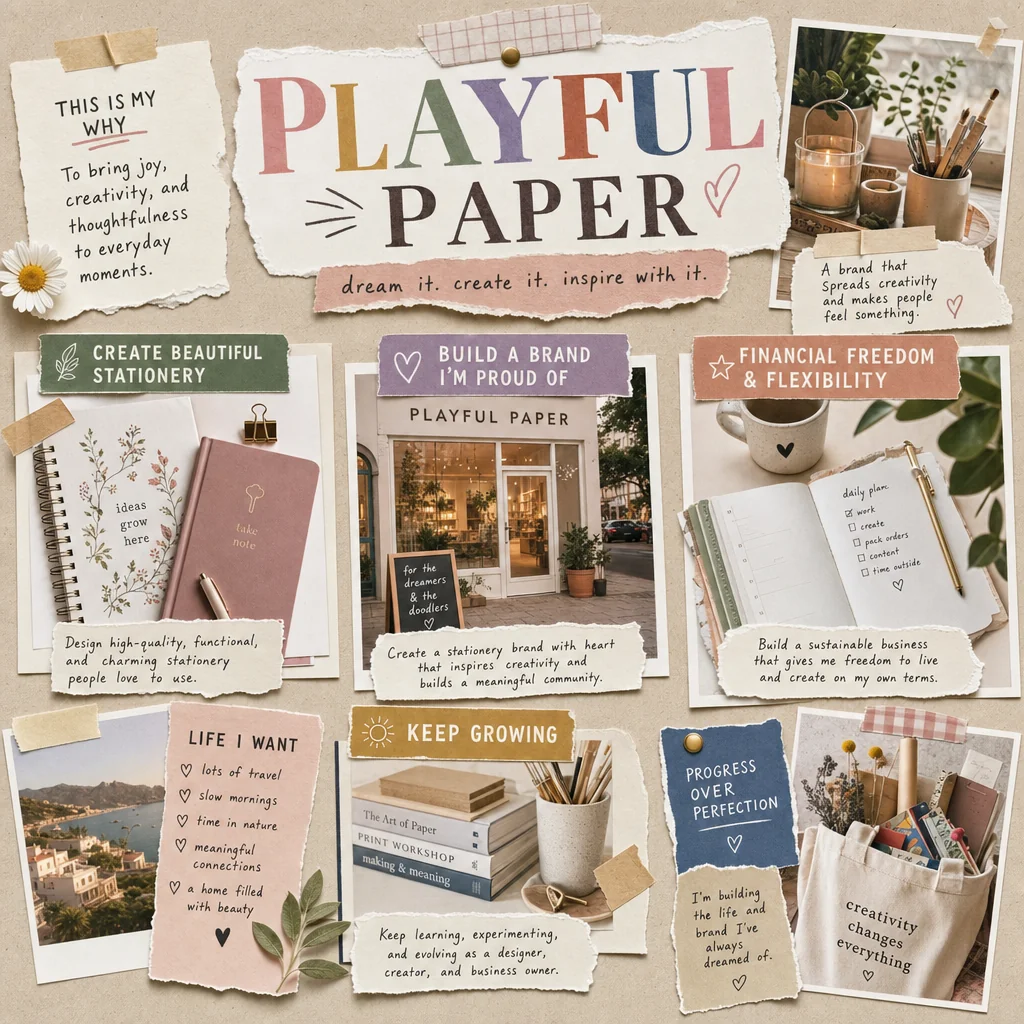 PLAYFUL PAPER stationery vision board with colorful cutouts, stationery goals and textured taped paper.
