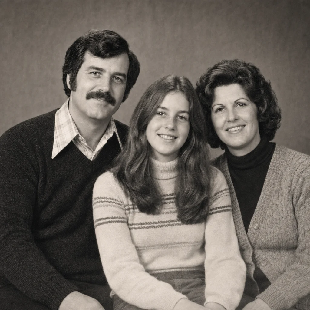 Actual final repaired warm monochrome family photograph; original people and period clothing retained.