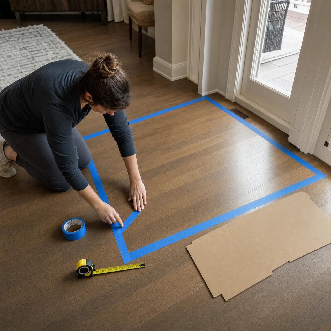 Hands applying painter's tape on a living room floor to mark sofa and table footprints and show walking clearances.