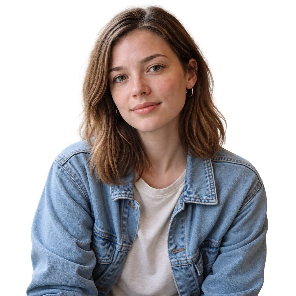 Background-removed portrait in a denim jacket and white top.