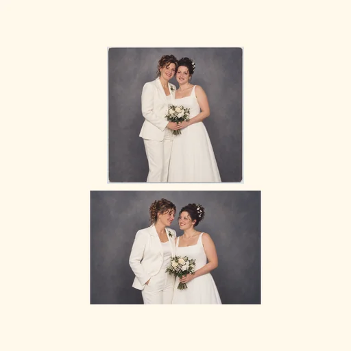 Two complete wedding photos stacked vertically in their original order, preserving both full images.