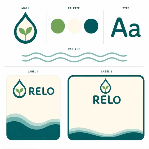 Two flat RELO labels, sprout-drop mark, wave pattern and palette/type swatches; no invented product claims or extra mockups.