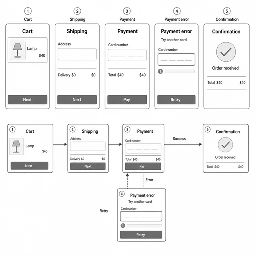 The five distinct lamp checkout states, $40+$0=$40 totals, normal success path and separate error/retry loop are represented; Retry visibly points back to Payment.
