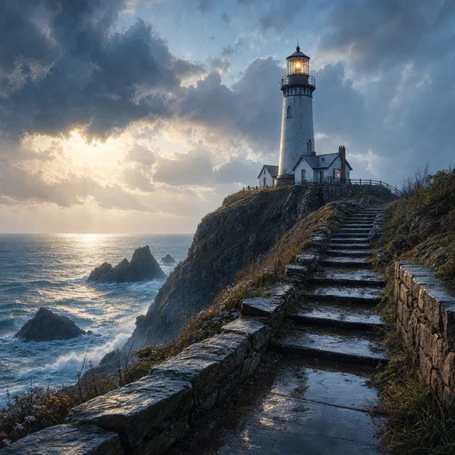 Lighthouse above wet stone steps on a rugged island cliff as a storm clears over silver-blue sea.