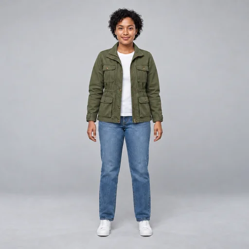 Woman wearing an olive field jacket over a white T-shirt with jeans and white sneakers in a gray studio.