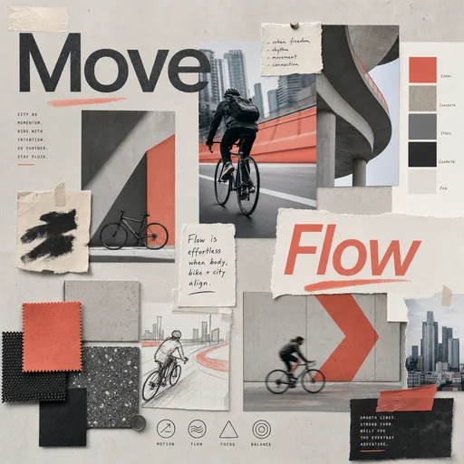 Urban cycling moodboard with coral accents, concrete textures and Move and Flow typography.