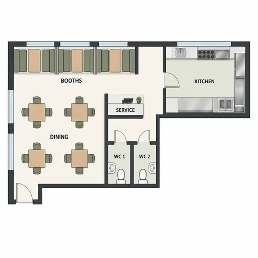 L-shaped family restaurant with booths, dining room, kitchen and two WCs.