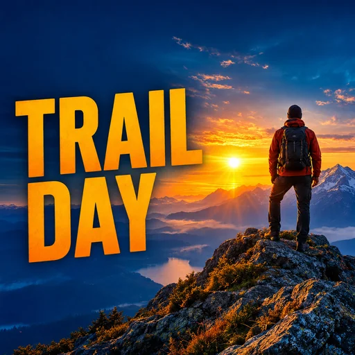 TRAIL DAY thumbnail with hiker on the right at sunset.
