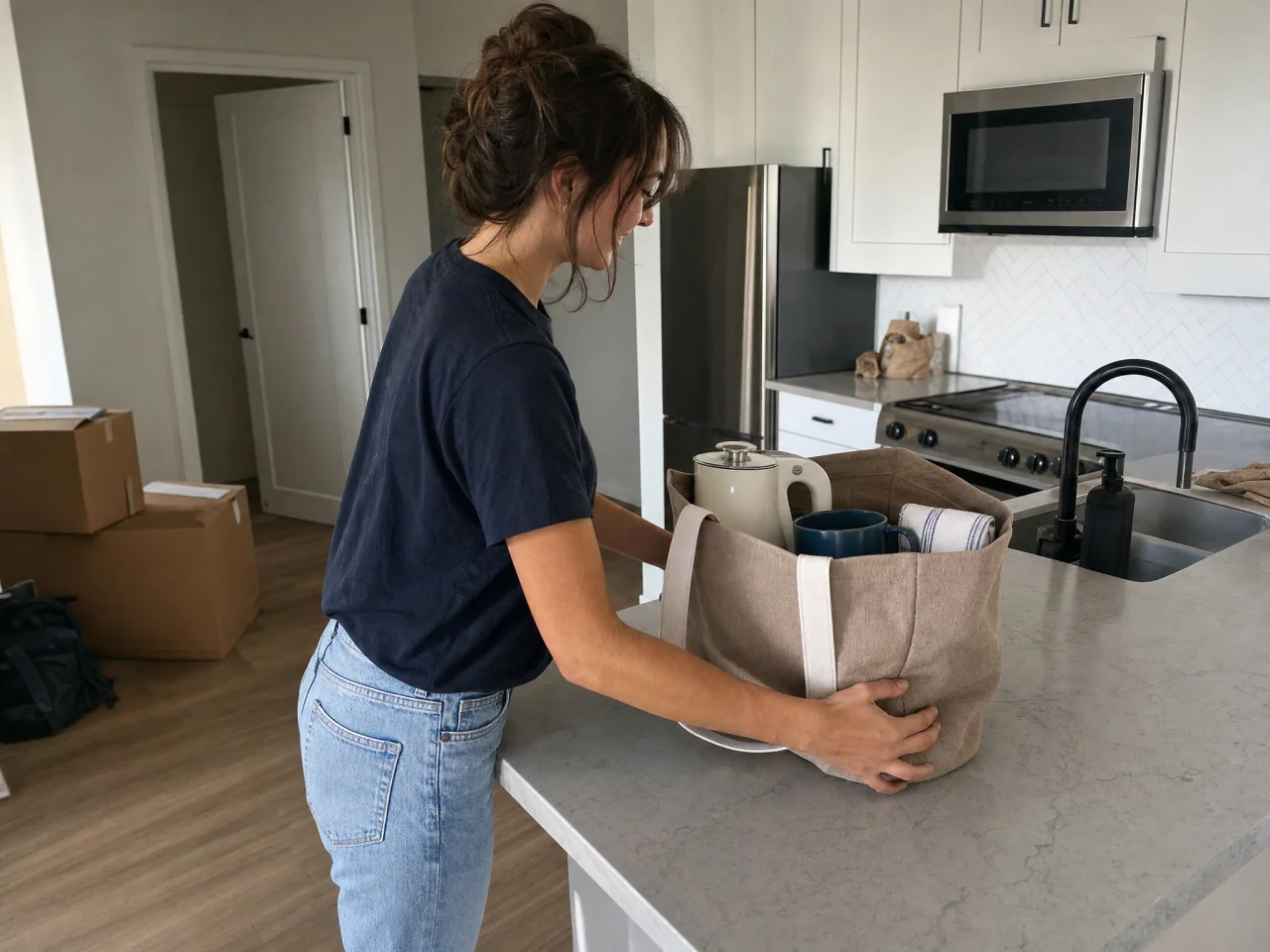 Person placing an essentials tote with a kettle and mug on a new kitchen counter with moving boxes in the background.