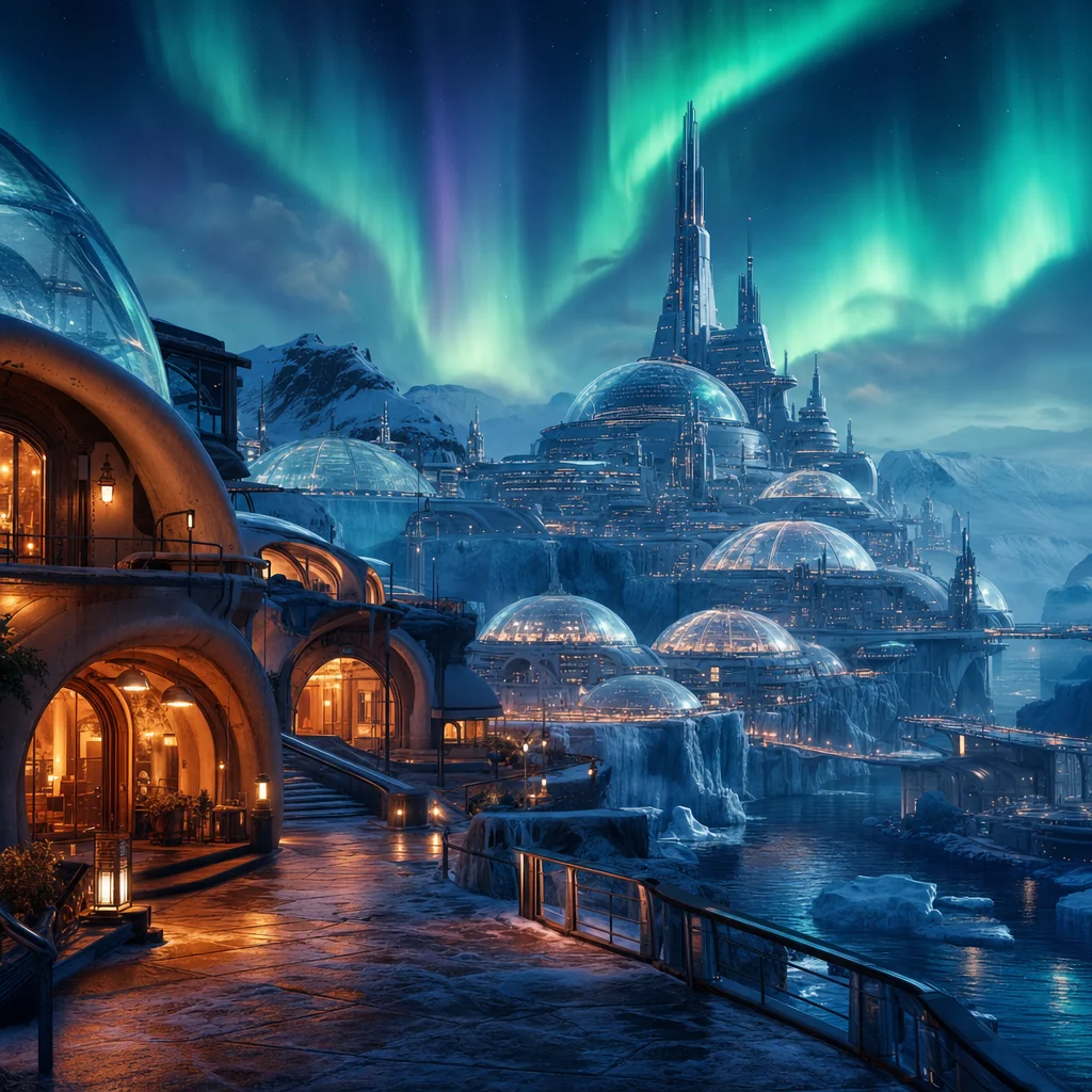 A polar city with translucent domes and icy terraces glows warmly beneath a green-blue aurora.