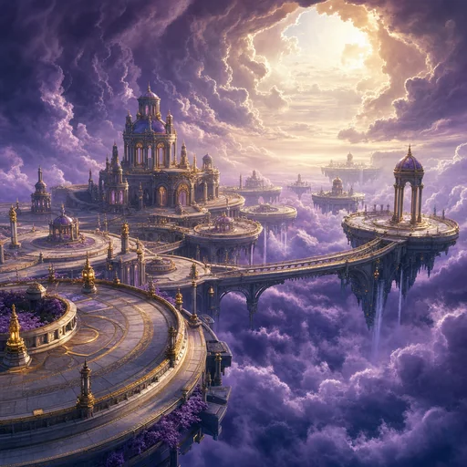 Linked circular terraces of a floating city hover over violet storm clouds beneath a bright opening in the sky.