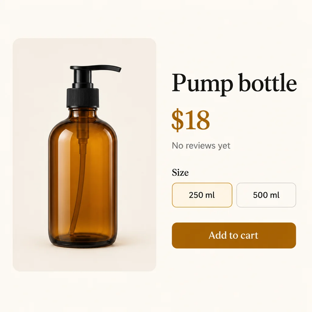 Pump bottle, $18, No reviews yet, Size 250 ml/500 ml with 250 ml selected, Add to cart retained.