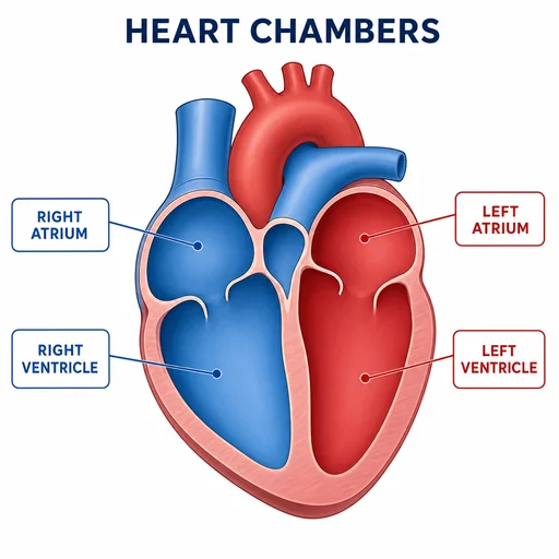 HEART CHAMBERS plus exactly four supplied labels and four chamber-directed leader lines; anatomical right shown viewer-left.