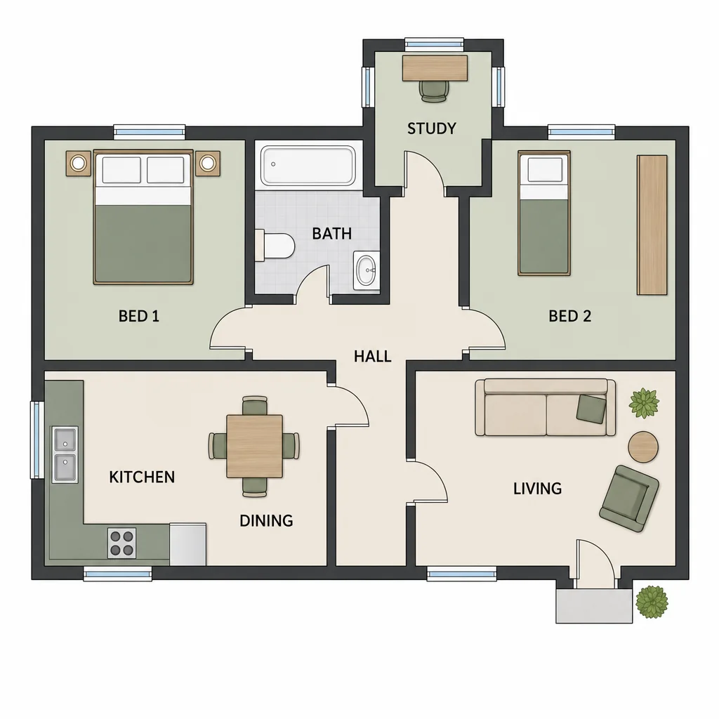 Two-bedroom cottage floor plan with a projecting study, central hall and bath, kitchen and dining at left, and living room at right.